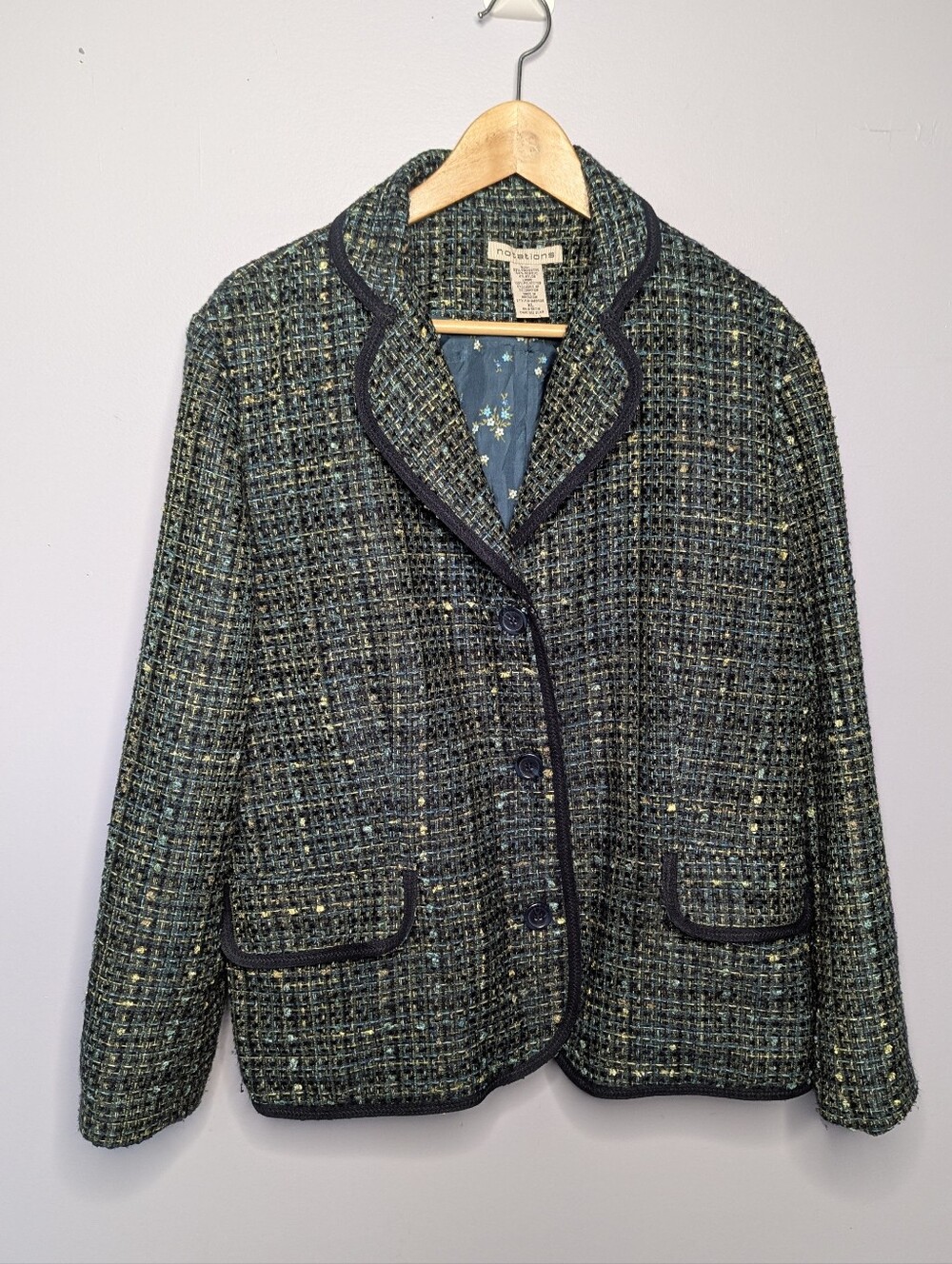 Vintage Notations Tweed Blazer Jacket Blue Green Floral Lining Women's Size XL